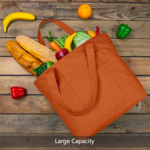 TOPDesign 3-Pack Canvas Tote Bags with an External Pocket, Reusable Grocery Shopping Bags, Top Zipper Closure, Daily Essentials (Orange) - Image 3