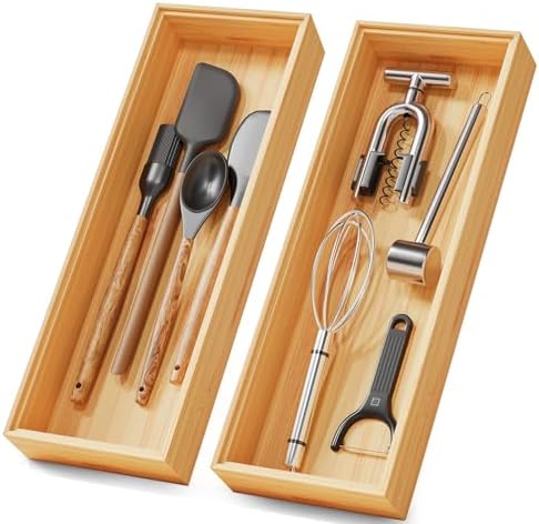 Bamboo Kitchen Drawer Organizer Boxes 14" x 5" Stackable Pantry Organizers by LOCHANTIE