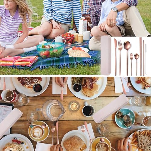 AARAINBOW 8 Pieces Stainless Steel Flatware Set Portable Reusable Cutlery Set Travel Utensils Set Including Chopsticks Knife Fork Spoon Straws Cleaning Brush Dishwasher Safe (Rose Golden) - Image 5