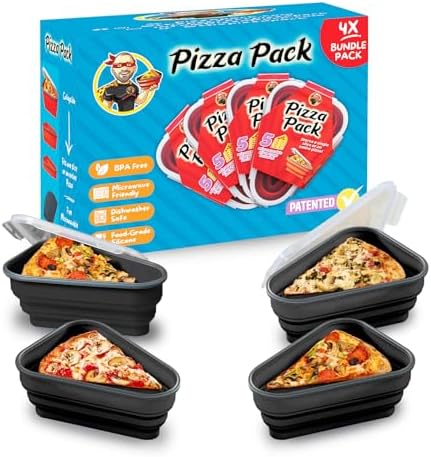 PIZZA PACK The Perfect Reusable Pizza Storage Container with 5 Microwavable Serving Trays - BPA-Free Adjustable Pizza Slice Container to Organize & Save Space, 4 Pack, Black by PizzaPack%E2%84%A2