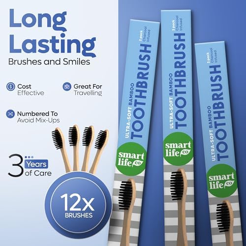 SmartLifeco Charcoal Bamboo Toothbrushes - Extra Soft Natural Bristles for Adults & Kids Teeth | Zero Waste Bulk Wooden Tooth Brush Travel Kit | BPA Free, Eco-Friendly, Vegan - (12 Pack) - Image 6