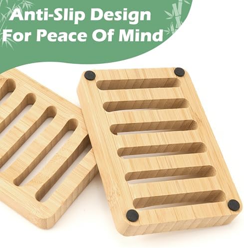6 Pack Bamboo Soap Dish, Bar Soap Holder Self Draining Soap Dish Natural Bamboo Soap Holder Waterproof Anti-Slip Wooden Soap Dishes for Bar Soap Saver Tray for Shower Bathroom Kitchen Sink Bathtub - Image 3