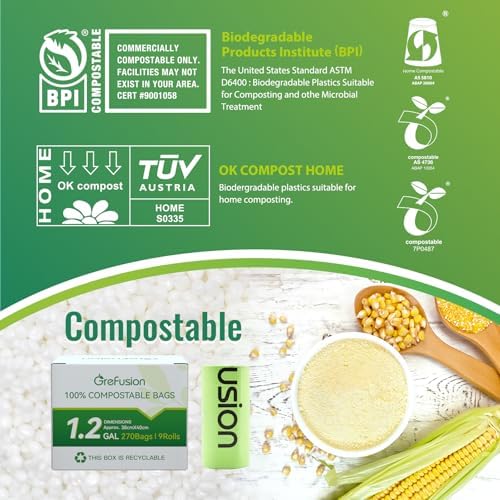 GreFusion Compostable Trash Bags, Small 2.6 Gallon, 270 Count, 0.72 Mils Thick, Eco Friendly, ASTM D6400 & BPI Certified, Composts Food Scraps, No Leaks - Image 6