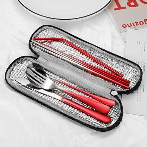 Travel Utensils,Reusable Silverware Set To Go Portable Cutlery Set with a Waterproof Carrying Case for Lunch Boxes Workplace Camping Picnic (GraRed) - Image 2