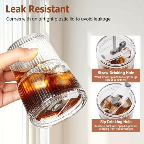 TUZAZO 13 Oz Ribbed Glass Coffee Tumblers with Lids and Straws, 4 Pack - Image 3