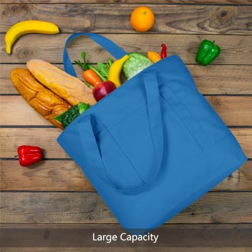 TOPDesign 1-Pack Canvas Tote Bag with an External Pocket, Reusable Grocery Shopping Bag, Top Zipper Closure, Daily Essentials (Ocean Blue) - Image 4