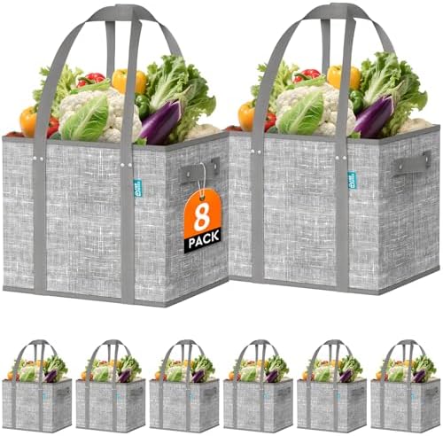 Fab totes Reusable Grocery Bags, Large Foldable Shopping Tote Bags with Reinforced Handles & Hard Bottom,8 Pack, Grey by Fabtotes