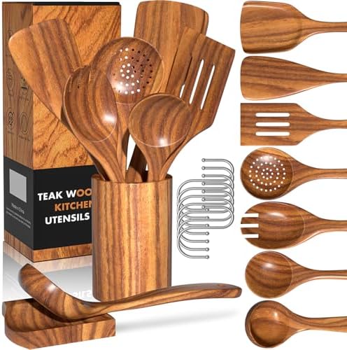 Wooden Spoons for Cooking, 10 Pcs Teak Wood Utensil Set for Nonstick by UmiteChef