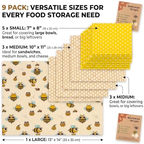 Beeswax Wraps for Food - 9 Pack Reusable Food Wraps | Sustainable, Plastic-Free Alternative to Plastic Wrap & Foil | Sandwich, Cheese, Bread & Bowl Covers for Eco-Friendly Food Storage - Image 2