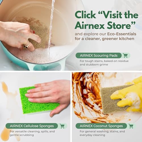 AIRNEX Plant-Based Scouring Pads for Dishes - Coconut Husk Non Scratch Scrub Pads - Natural Kitchen Scrubbing Pads for Pots & Pans - Eco Friendly & Non Abrasive Dish Scrubber Pads - Pack of 12 - Image 6