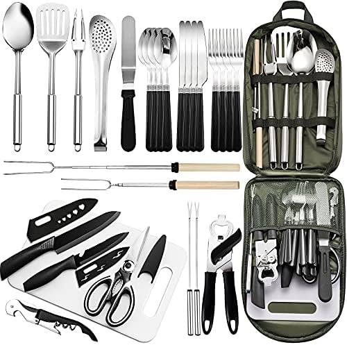 Portable Camping Kitchen Utensil Set-27 Piece Cookware Kit, Stainless Steel Outdoor Cooking and Grilling Utensil Organizer Travel Set Perfect for Travel, Picnics, RVs, Camping, BBQs, Parties and More by Freehiker