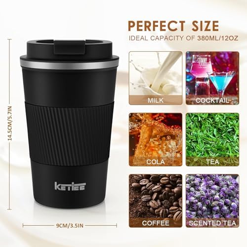 KETIEE Travel Mug 12oz, Vacuum Insulated Coffee Mug with Leakproof Lid, Travel Coffee Tumbler Stainless Steel Double Walled Reusable Coffee Cup for Hot and Iced Water (Black) - Image 2