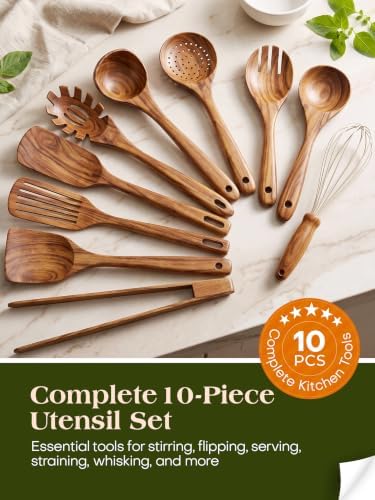 AIUHI 10Pcs Wooden Kitchen Utensils, Teak Wood Utensil Set for Kitchen, Heat-resistant Wooden Spoons for Cooking, Nonstick Wood Spatula Soup Ladle Tong Egg Whisk - Image 2