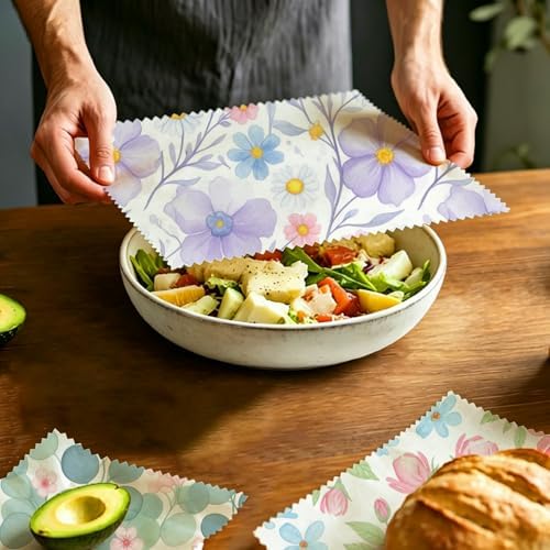 Reusable Beeswax Wraps, Watercolor Floral Beeswax Wraps, 9 PCS Eco-Friendly Food Storage, Organic Cotton, Sustainable, Zero Waste, Plastic-Free, For Sandwich, Bread, Bowl, 1XL, 3M, 5S - Image 5