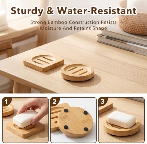 2 Pcs Bamboo Soap Holder, Wood Soap Dish (Round and Square) - Image 6
