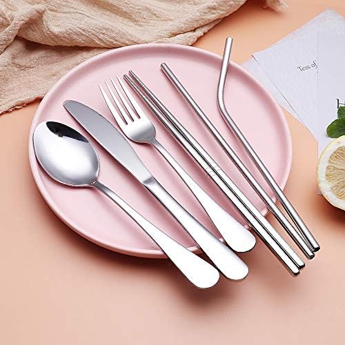 Travel Stainless Steel Utensils Set with Case – 8-Piece Reusable Flatware Kit Includes Fork, Knife, Spoon, Chopsticks, Straws, Brush & Bag – Portable Cutlery for Camping, Work, Picnic (Silver) - Image 2