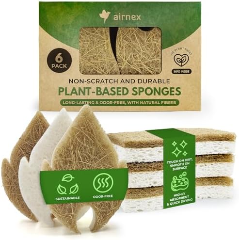 AIRNEX Natural Kitchen Sponges (6 Pack) - Biodegradable Cellulose & Coconut Scrubber Dish Sponge for Kitchen - Eco-Friendly, Non Scratch, Compostable, Non Toxic Leaf Shaped Natural Sponges for Dishes by Airnex