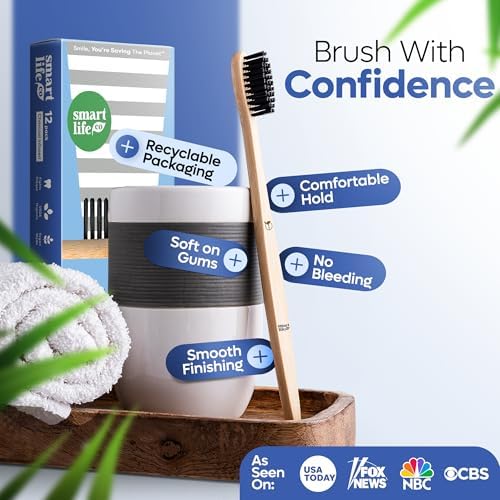 SmartLifeco Charcoal Bamboo Toothbrushes - Extra Soft Natural Bristles for Adults & Kids Teeth | Zero Waste Bulk Wooden Tooth Brush Travel Kit | BPA Free, Eco-Friendly, Vegan - (12 Pack) - Image 5