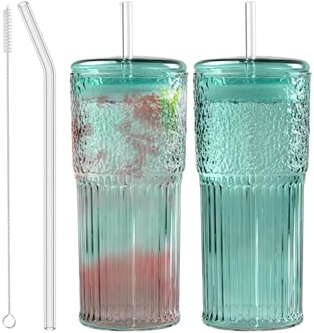 JunVpic Glass Coffee Tumbler, 20 oz Glass Cup with Lid and Straw by Junvpic