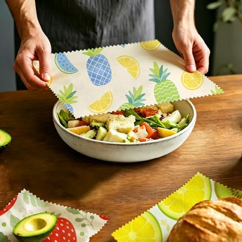 Reusable Beeswax Wraps, Strawberry Lemon Pineapple Wraps, 9 Pack Sandwich, Bowl, Bread, Eco-Friendly, Organic, Sustainable, Zero Waste, Plastic-Free, 1XL, 3M, 5S - Image 5