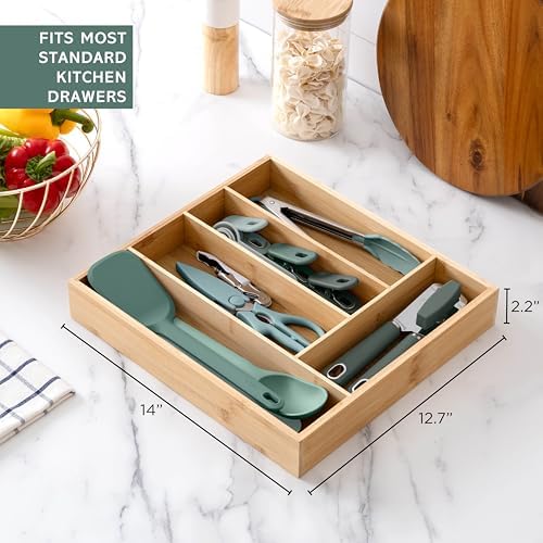 COOK WITH COLOR Bamboo Kitchen Utensil Set with Drawer Organizer | Cooking Tools and Storage Caddy, Sage, 18 Piece Gadget Set - Image 5