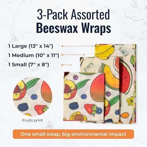 Beeswax Wraps, Reusable Cotton Food Storage Set for Kitchen, Lunch, Bread, Snacks, Bowls. Eco-Friendly Plastic-Free Alternative. 3-Pack Assorted - Fruits by Zero Waste Store - Image 4