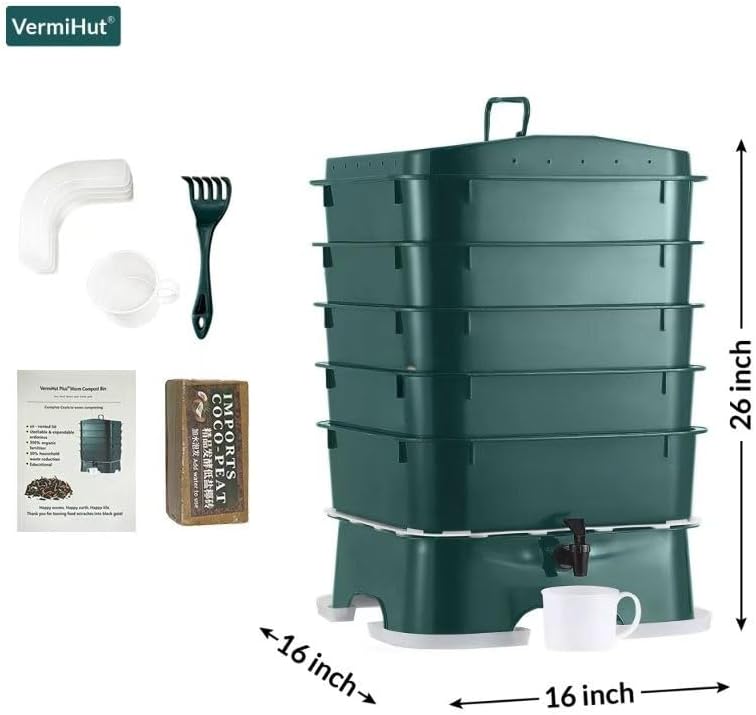 The Original VermiHut® Plus 5-Tray Worm Compost Bin – Indoor & Outdoor Vermicomposting System, Continuous Flow Food Waste Recycler for Organic Composting & Gardening - Dark Green - Image 2