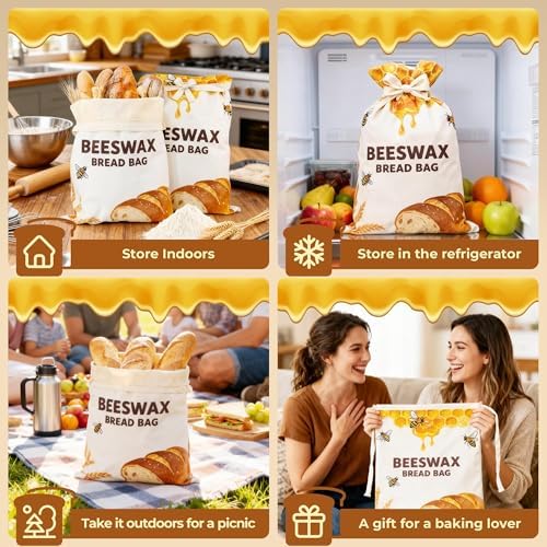 OHIYO Beeswax Bread Bags for Homemade, Reusable Natural Beeswax Sourdough Bread Bags Freshness Keeper for Homemade, Bakery Essentials, Bread Box (2 Pack) - Image 6