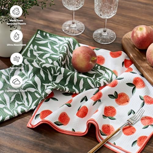 RECYCO Waffle Kitchen Towel Set of 2 - Quick Dry Microfiber Sustainable Dish Towels - Ultra Absorbent Reusable Cleaning Tea Towels - Lightweight Hand Towels,16”x 28”, Peachy Leaves - Image 2