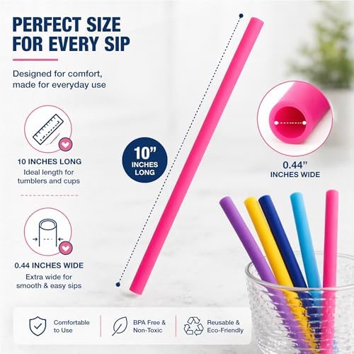 Wide Reusable Silicone Straws 10" Long Set of 5 | Free Cleaning Brush - Image 3