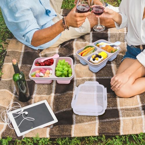 2 Pack Big Collapsible Silicone Bento Lunch Boxes With Lids spoons forks,3 Compartments, Divided Lunch Food Storage Containers, Safe in Microwave, Dishwasher and Freezer, 45.6oz, (Pink+Blue) - Image 2