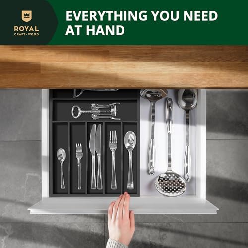ROYAL CRAFT WOOD Luxury Bamboo Kitchen Drawer Organizer - Silverware Organizer - Utensil Holder and Cutlery Tray with Grooved Drawer Dividers for Flatware and Kitchen Utensils (7 Slot, Black) - Image 5