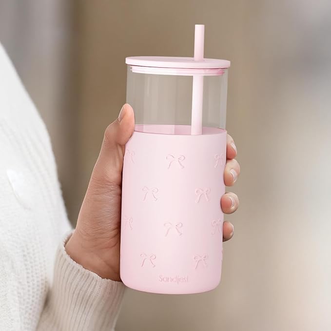 SANDJEST Glass Tumbler with Straw and Lid, Bow Glass Water Bottle with Silicone Sleeve 20oz, Smoothie, Iced Coffee Cup, Gifts for Women Teen Girls Birthday Christmas