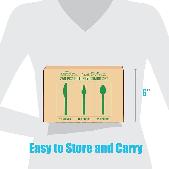 250 Count Large Compostable Forks Spoons Knives Flatware Set, White Heavy-duty Disposable Cutlery Eating Utensils (7 in.) BPI Certified