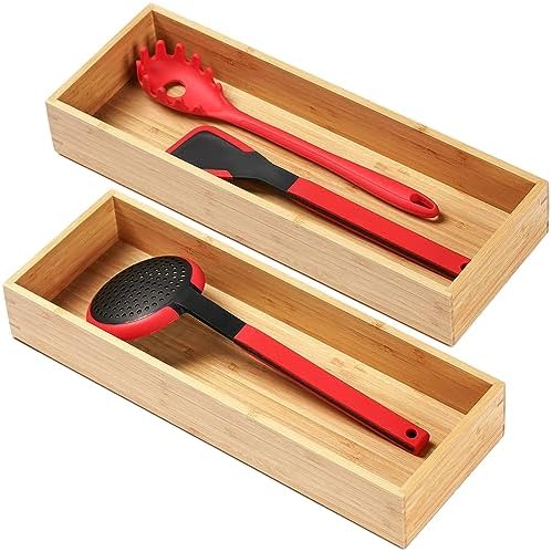 Umilife Bamboo Kitchen Utensils Organizer, Extra Long High Silverware Drawer Holder, Flatware Cutlery Storage Box, Multi-Use Drawer Divider in Office, Bathroom, Pantry - 17"x6"x2.5" (Set of 2) by Umilife