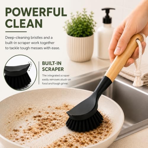 Kitchen Simple Bamboo Dish Brush with Built-in Scraper, 2 Pack Kitchen Brushes, Dense Black Bristles, Comfortable Grip, Hanging Rope, Scrub Brush for Pots, Pans, Dishes & Sink - Image 2
