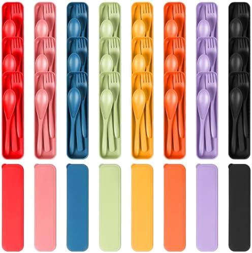 YDYTOP Reusable Travel Utensils Set with Case, 24 Sets Wheat Straw Knife Fork Spoon Cutlery, Multicolor Plastic Silverware for Kids and Adults, School Lunch, Party, Picnic and Camping by YDYTOP