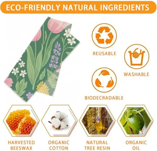 Reusable Beeswax Wraps, Garden Flowers Wraps, 9 Pack Eco-Friendly Food Storage, Organic, Sustainable, Zero Waste, Plastic-Free, Sandwich, Bowl, Bread, Fruit, 1XL, 3M, 5S - Image 3