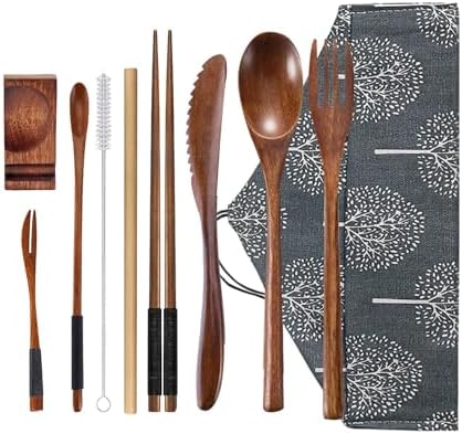 Wooden Utensil Flatware Set Reusable Utensils Travel Cutlery Set for Eating with Case, 10 Pcs Wooden Spoon and Fork Set Bamboo Flatware Set by Wsevinn