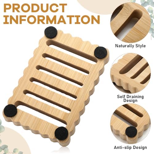 Jinei 2 Pcs Scalloped Wood Soap Dish Bulk 4.92 x 3.35 x 0.59 Inch Bamboo Bar Soap Holder with Self Draining Non-Slip Point Design Sponge Saver for Shower Bathroom Kitchen - Image 3