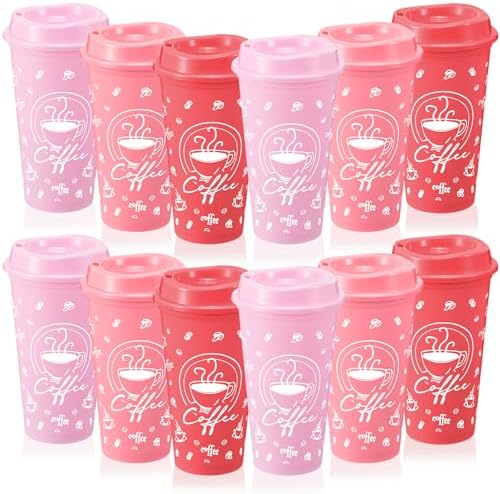 12 Sets Reusable Coffee Cups with Lids, 16oz, Pink Series by Skybooly