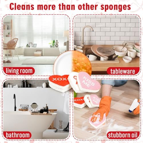 Whaline 8Pcs Valentine’s Day Kitchen Sponges Water Absorbing Dish Washing Sponge Red Pink Conversation Heart Non Scratch Cleaning Scrub Sponges for Holiday Home Kitchen Bathroom - Image 4