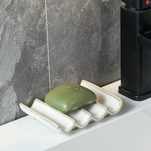 Soap Dish with Self Drain Fluted Design, Bar Soap Holder for Bathroom, Japanese Soap Tray for Shower, Bathroom and Kitchen Sink Organizer, Ceramic Soap Saver, White - Image 3