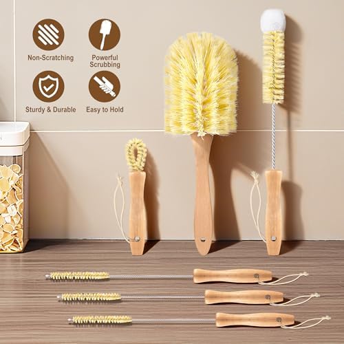 Bottle Brush Set - 6 Pack Sisal Bristle Natural Bottle Brush, All in One Bottle and Straw Brush Cleaning Set for Water Bottles, Glasses, Cups and Lid - Image 7