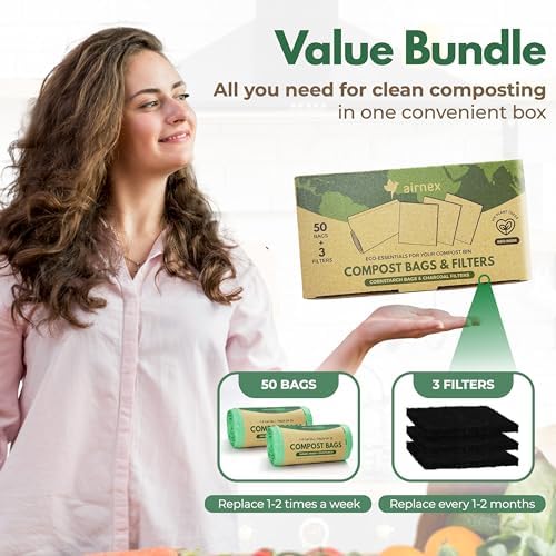 AIRNEX Compostable Trash Bags & Charcoal Filters for Compost Bucket Value Pack for Clean & Odorless Composting - 50 Pcs Compostable Trash Bags Small 1.6 Gal & 3 Pcs Compost Bin Filters Charcoal 3.5" - Image 2