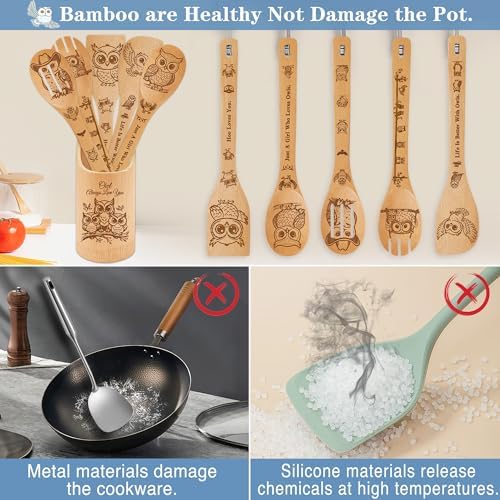 Owl Kitchen Decor Bamboo Wooden Spoons With Utensil Holder,Owl Kitchen Accessories for Cooking-Home Decorations Gifts for Women-Housewarming,Birthday,Mothers Day(6PCS） (Owl) - Image 4