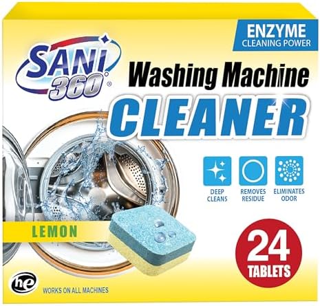 SANI 360° Washing Machine Cleaning tablets, 24 pack is Formulated with Enzyme, Deep Cleans and Deodorizes Front and Top Loading Washers use up to 2-year supply Lemon Scent by SANI360%C2%B0