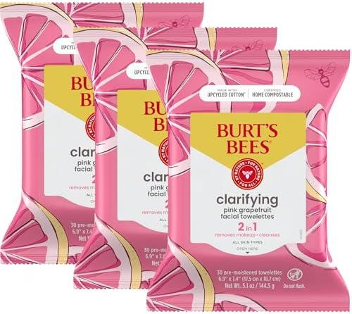 Burt's Bees Pink Grapefruit Face Wipes, for All Skin Types, Hydrating Makeup Remover & Facial Cleansing Towelettes, 30 Ct. (3-Pack) by BurtsBees