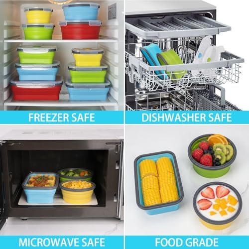 Collapsible Food Storage Containers with Lid & Air Vent, 16 Pack, 8 Rectangular + 8 Round, Annaklin Foldable Silicone Lunch Containers Collapsible Bowls Set, Microwave Freezer Dishwasher Safe, 4-Color - Image 4