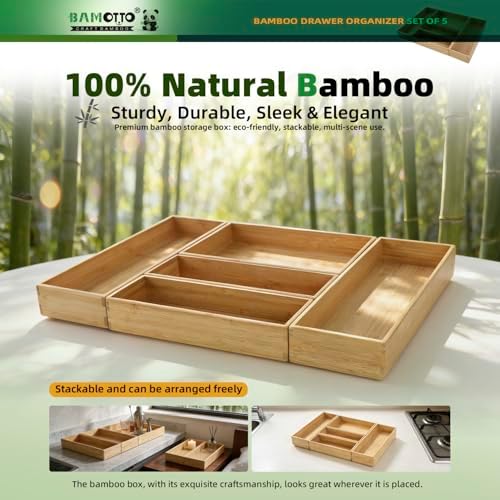 BAMOTTO CRAFTBAMBOO Stackable Bamboo Drawer Organizer Set of 5 for Kitchen - Image 6